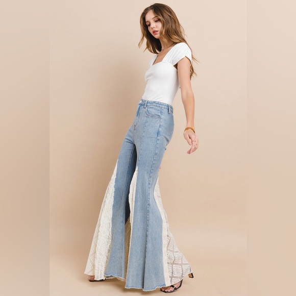 ✨ Boho Lace Flare Denim Pants | Western Festival Cowgirl Jeans – 34” Inseam - Picture 5 of 9